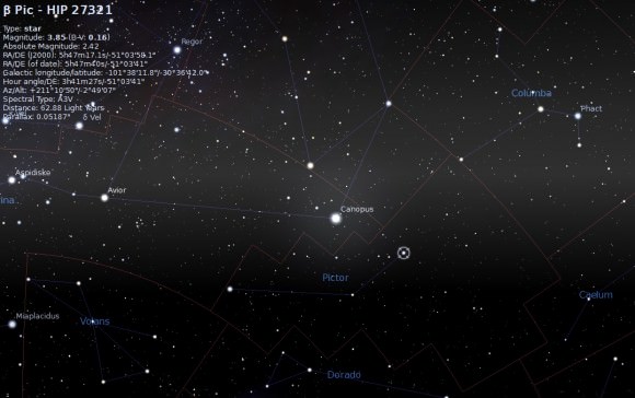 The location of Beta Pictoris in the southern hemisphere sky. Image credit: Stellarium 