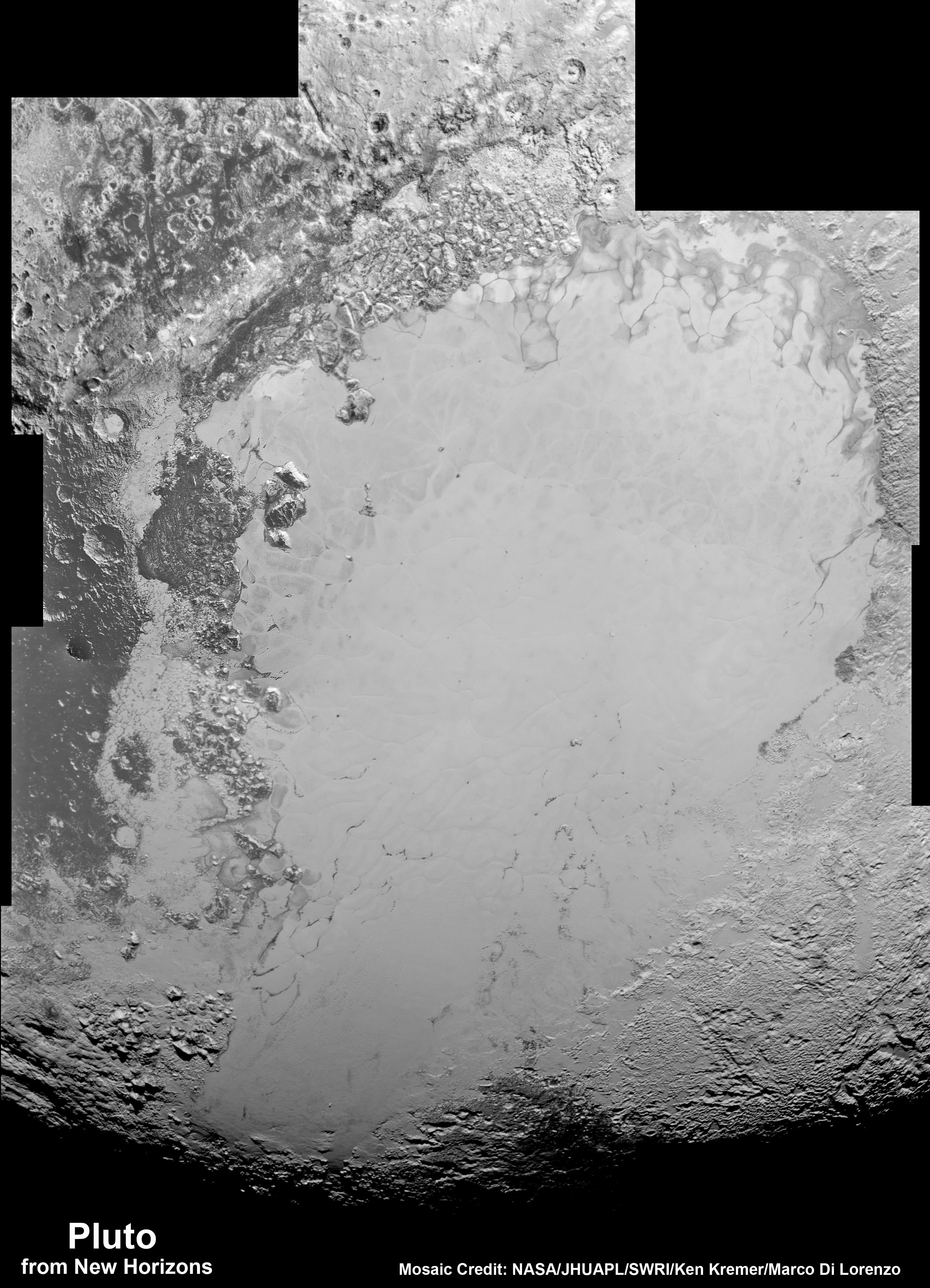 Highest resolution mosaic of ‘Tombaugh Regio’ shows the heart-shaped region on Pluto including ice flows and plains of ‘Sputnik Planum’ (center) and icy mountain ranges of ‘Hillary Montes’ and ‘Norgay Montes.’  This new mosaic combines the eleven highest resolution images captured by NASA’s New Horizons LORRI imager during history making closest approach flyby on July 14, 2015.   Credit: NASA/JHUAPL/SWRI/Ken Kremer/kenkremer.com/Marco Di Lorenzo 