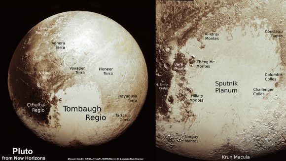 This new global mosaic view of Pluto was created from the latest high-resolution images to be downlinked from NASA’s New Horizons spacecraft and released on Sept. 11, 2015.   The images were taken as New Horizons flew past Pluto on July 14, 2015, from a distance of 50,000 miles (80,000 kilometers).  This new mosaic was stitched from over two dozen raw images captured by the LORRI imager and colorized.  Right side inset from New Horizons team focuses on Tombaugh Regio heart shaped feature.  Annotated with informal place names.  Credits: NASA/Johns Hopkins University Applied Physics Laboratory/Southwest Research Institute/Marco Di Lorenzo/Ken Kremer/kenkremer.com