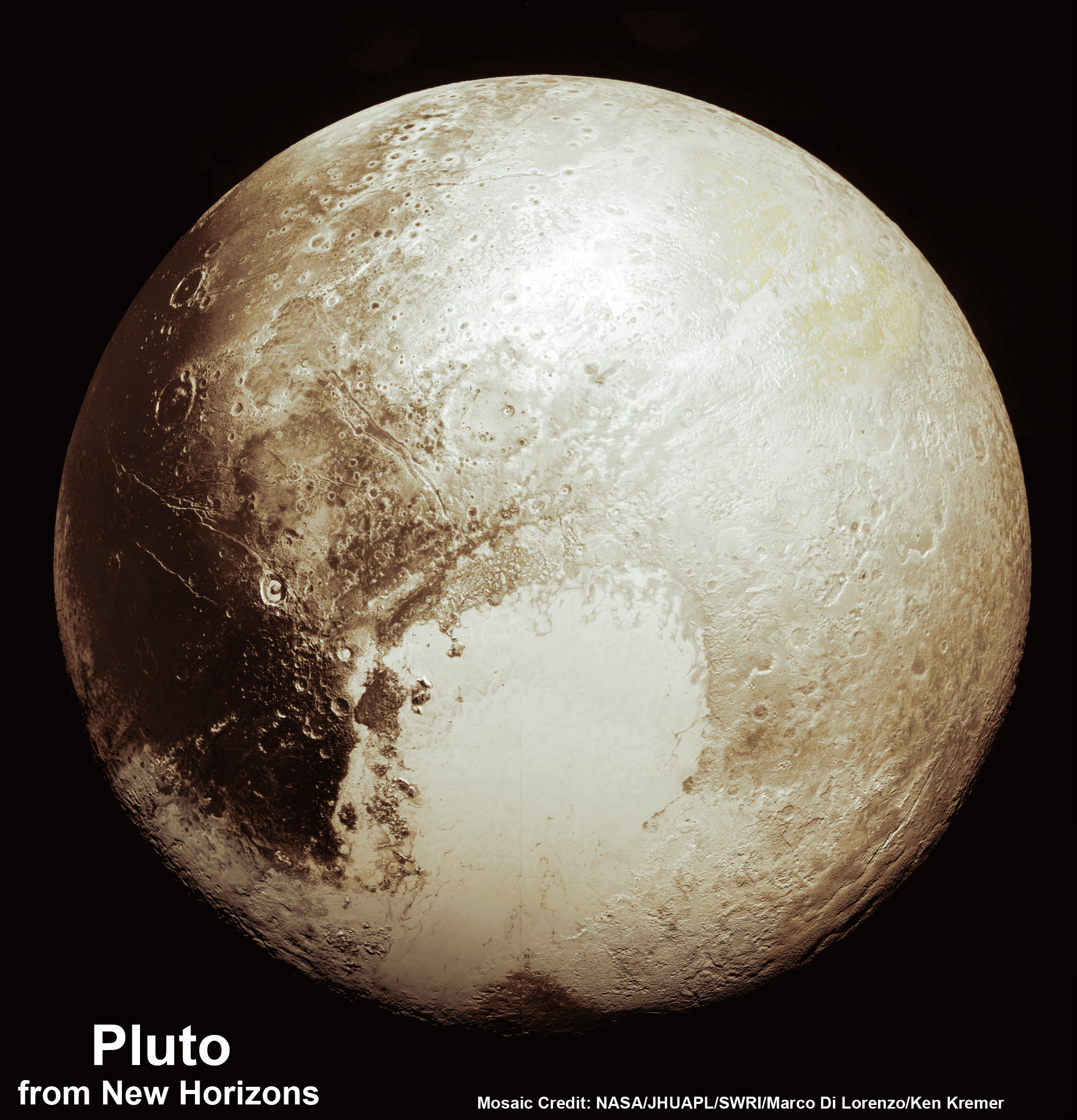 This new global mosaic view of Pluto was created from the latest high-resolution images to be downlinked from NASA’s New Horizons spacecraft and released on Sept. 11, 2015.   The images were taken as New Horizons flew past Pluto on July 14, 2015, from a distance of 50,000 miles (80,000 kilometers).  This new mosaic was stitched from over two dozen raw images captured by the LORRI imager and colorized.  Credits: NASA/Johns Hopkins University Applied Physics Laboratory/Southwest Research Institute/Marco Di Lorenzo/Ken Kremer/kenkremer.com 