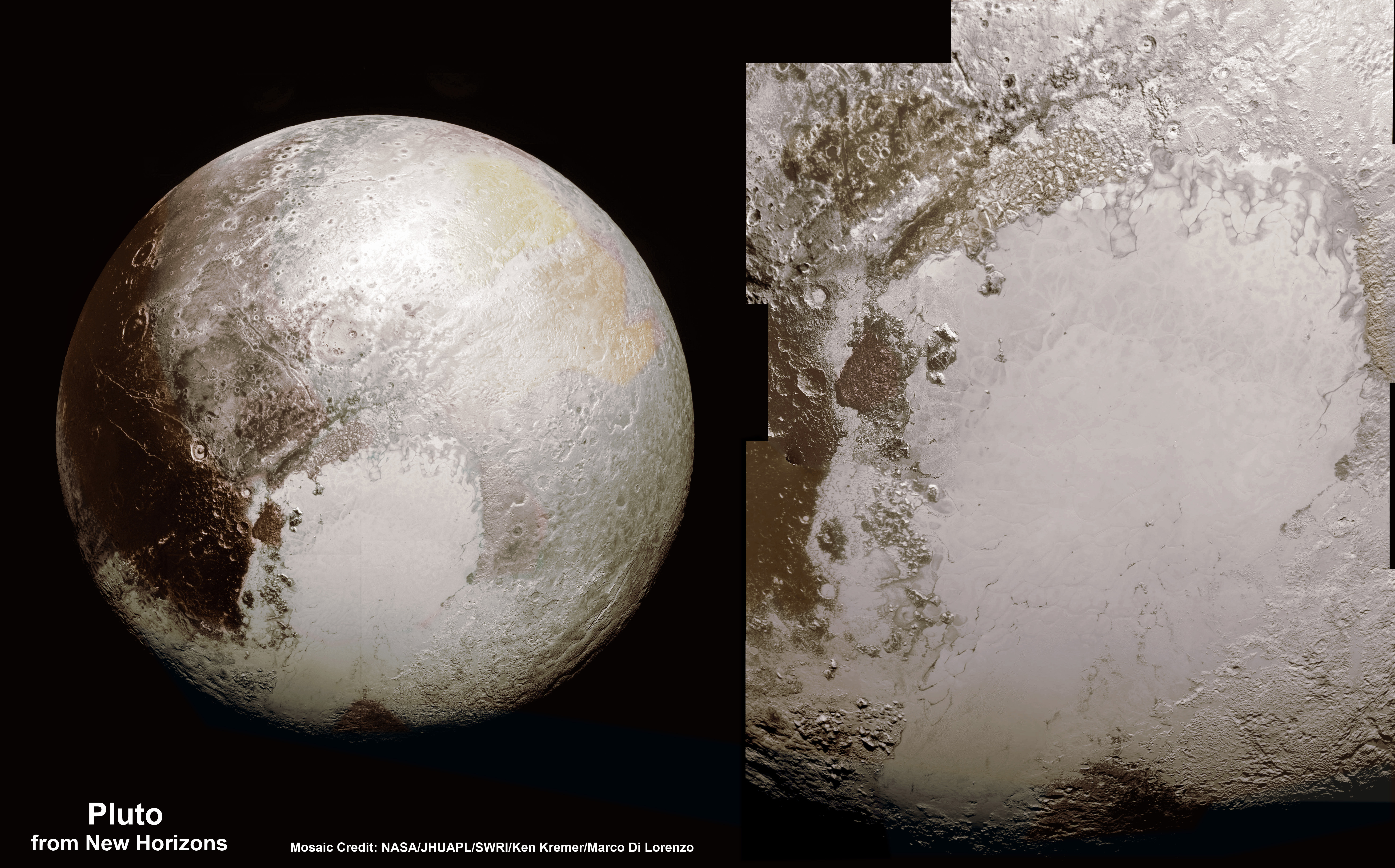 This new global mosaic view of Pluto was created from the latest high-resolution images to be downlinked from NASA’s New Horizons spacecraft and released on Sept. 11, 2015.   The images were taken as New Horizons flew past Pluto on July 14, 2015, from a distance of 50,000 miles (80,000 kilometers).  This mosaic was stitched from over two dozen raw images captured by the LORRI imager and colorized.  Right side mosaic comprises twelve highest resolution views of Tombaugh Regio heart shaped feature and shows objects as small as 0.5 miles (0.8 kilometers) in size.  Credits: NASA/Johns Hopkins University Applied Physics Laboratory/Southwest Research Institute/ Ken Kremer/kenkremer.com/Marco Di Lorenzo 
