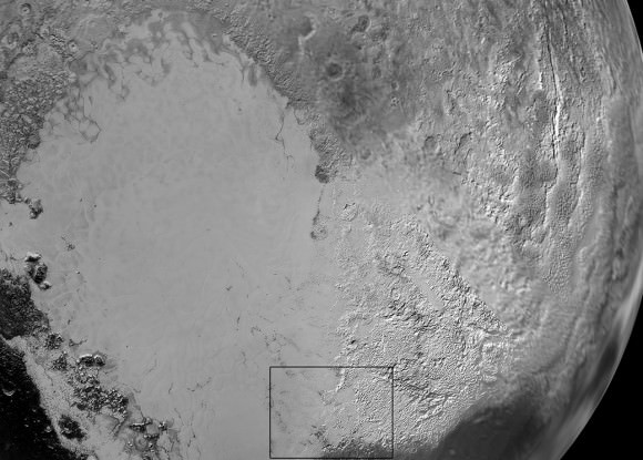 Sputnik Planum is the informal name of the smooth, light-bulb shaped region on the left of this composite of several New Horizons images of Pluto. The brilliantly white upland region to the right may be coated by nitrogen ice that has been transported through the atmosphere from the surface of Sputnik Planum, and deposited on these uplands. The box shows the location of the glacier detail images below. Credits: NASA/JHUAPL/SwRI