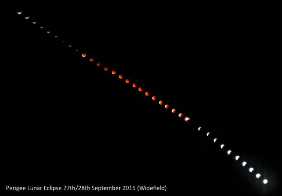 Mary Spicer made exposures every 5 minutes. During totality the Moon dropped behind a tree so I had to relocate the camera, hence the small gap in the sequence. 35 shots in total, stacked using StarStax. Credit: Mary Spicer