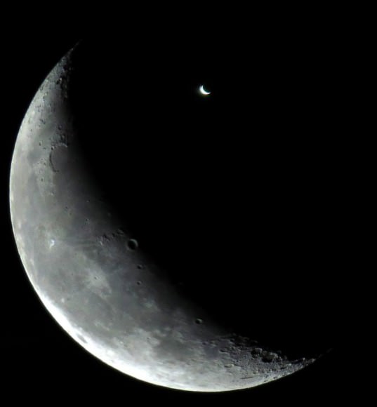 Tale of two crescents. A montage of the thick crescent Moon and crescent Venus photographed earlier this month. Credit: Tom Ruen