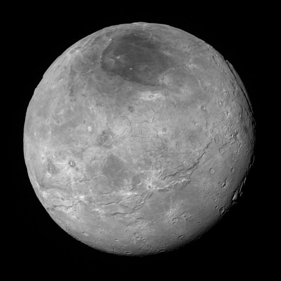 This image of Pluto's largest moon Charon, taken by NASA's New Horizons spacecraft 10 hours before its closest approach to Pluto on July 14, 2015 from a distance of 290,000 miles (470,000 kilometers), is a recently downlinked, much higher quality version of a Charon image released on July 15. Credit: NASA/Johns Hopkins University Applied Physics Laboratory/Southwest Research Institute.