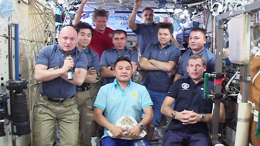 The nine-member space station crew takes questions from journalists around the world on Sept. 8, 2015. Credit: NASA TV