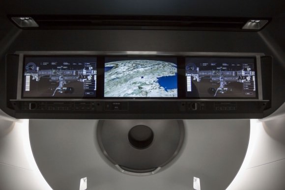 Crew Dragon’s displays will provide real-time information on the state of the spacecraft’s capabilities – anything from Dragon’s position in space, to possible destinations, to the environment on board. Credit: SpaceX. 