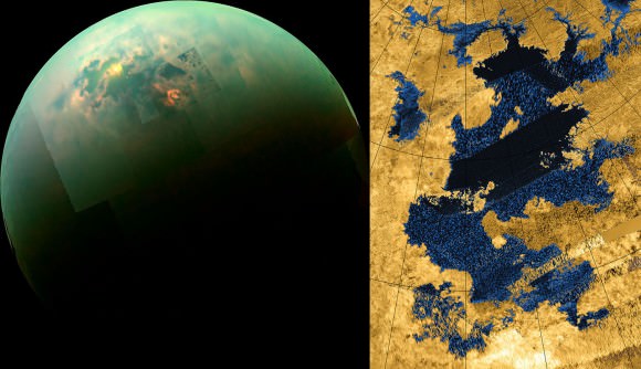 The left image shows a mosaic of images of Titan taken by the Cassini spacecraft in near infrared light. Titan’s polar seas are visible as sunlight glints off of them. The right image is a radar image of Kraken Mare. Credit: NASA Jet Propulsion Laboratory.
