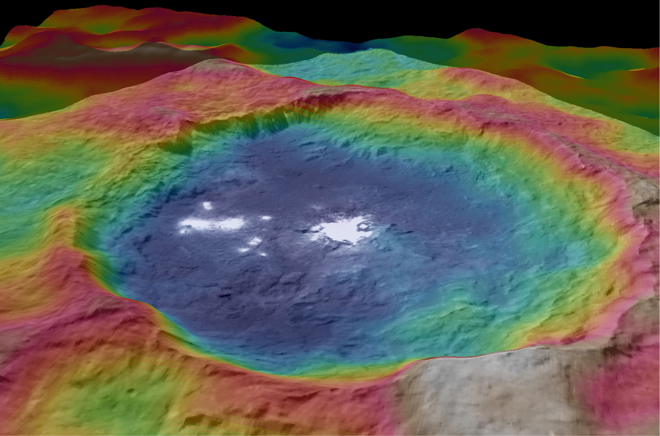 This view from NASA's Dawn spacecraft is a color-coded topographic map of Occator crater on Ceres. Blue is the lowest elevation, and brown is the highest. The crater, which is home to the brightest spots on Ceres, is approximately 56 miles (90 kilometers wide).  Credits: NASA/JPL-Caltech/UCLA/MPS/DLR/IDA