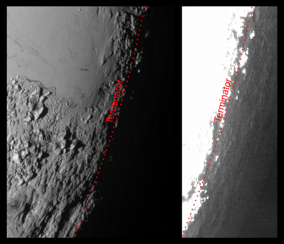 This image of Pluto from NASA's New Horizons spacecraft, processed in two different ways, shows how Pluto's bright, high-altitude atmospheric haze produces a twilight that softly illuminates the surface before sunrise and after sunset, allowing the sensitive cameras on New Horizons to see details in nighttime regions that would otherwise be invisible. The right-hand version of the image has been greatly brightened to bring out faint details of rugged haze-lit topography beyond Pluto’s terminator, which is the line separating day and night. The image was taken as New Horizons flew past Pluto on July 14, 2015, from a distance of 50,000 miles (80,000 kilometers). Credit: NASA/Johns Hopkins University Applied Physics Laboratory/Southwest Research Institute
