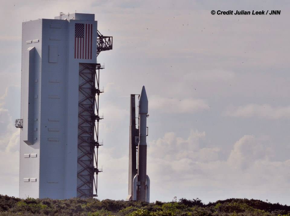 United Launch Alliance Atlas V rocket during rollout to Space Launch Complex-41 at Cape Canaveral Air Force Station, Florida on Oct. 1 for planned Oct. 2 launch at 6:08 a.m. EDT with the Morelos-3 mission for Mexico’s Ministry of Communications and Transportation.  Credit: Julian Leek