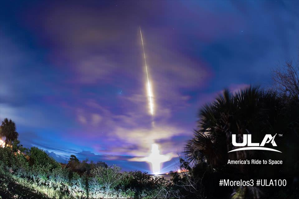A United Launch Alliance (ULA) Atlas V rocket carrying the Morelos-3  mission streaks to orbit  from Space Launch Complex 41 on Cape Canaveral Air Force Station, Florida, at 6:28 a.m. EDT on Oct. 2, 2015.  Credit: ULA