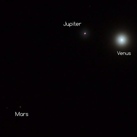 Venus, Jupiter and Mars in the hazy, cloudy morning skies over the UK on October 25, 2015. Credit and copyright: Sarah and Simon Fisher. 
