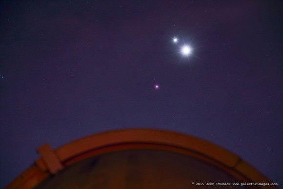 Venus, Jupiter & Mars create a close triangle in the eastern sky at dawn! John Chumack captured this image above his backyard Observatory in Dayton, Ohio on 10-26-2015. Credit and copyright: John Chumack. 