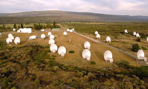 The Allen Telescope Array (ATA) is a “Large Number of Small Dishes” (LNSD) array designed to be highly effective for simultaneous surveys undertaken for SETI projects (Search for Extraterrestrial Intelligence) at centimeter wavelengths. Credit: Seth Shostak / SETI Institute