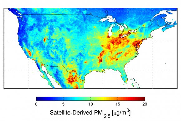 U.S. satellite-derived map of PM2.5 averaged over 2001-2006. Credit: Dalhousie University, Aaron van Donkelaar