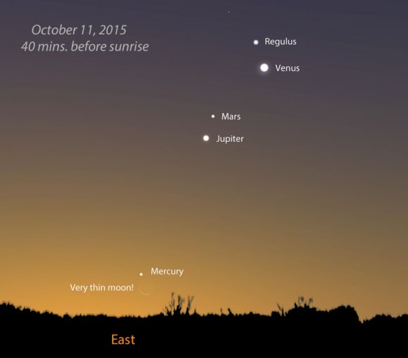 If you follow the moon to through its eastern descent, you'll be rewarded on Saturday morning (Oct. 11) with a fine pairing with Mercury. To see this conjunction, find a place with a good eastern horizon and bring binoculars to help you find the planet in bright twilight. Source: Stellarium 