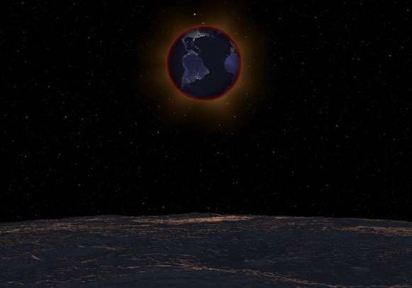 With the lunar horizon in the foreground, the Earth passes in front of the Sun on September 27, 2015 in this simulation, revealing the red ring of sunrises and sunsets along the limb of the planet responsible for illuminating the Moon during the eclipse. The clarity of the stratosphere at eclipse time can greatly affect lunar brightness during totality. The Earth and Sun are in Virgo for observers on the Moon with the bright star Beta Virginis at top. Click to see the video. Credit: NASA's Scientific Visualization Studio
