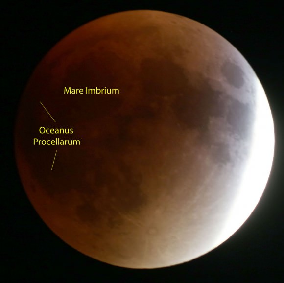 Oceanus Procellarum and Mare Imbrium are large, dark volcanic plains that contributed to the Moon's faintness and dark-hued totality. Credit: Bob King