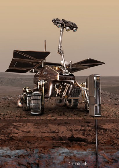 An artist's conception of the ExoMars 2018 rover on the Red Planet. Image credit: ESA