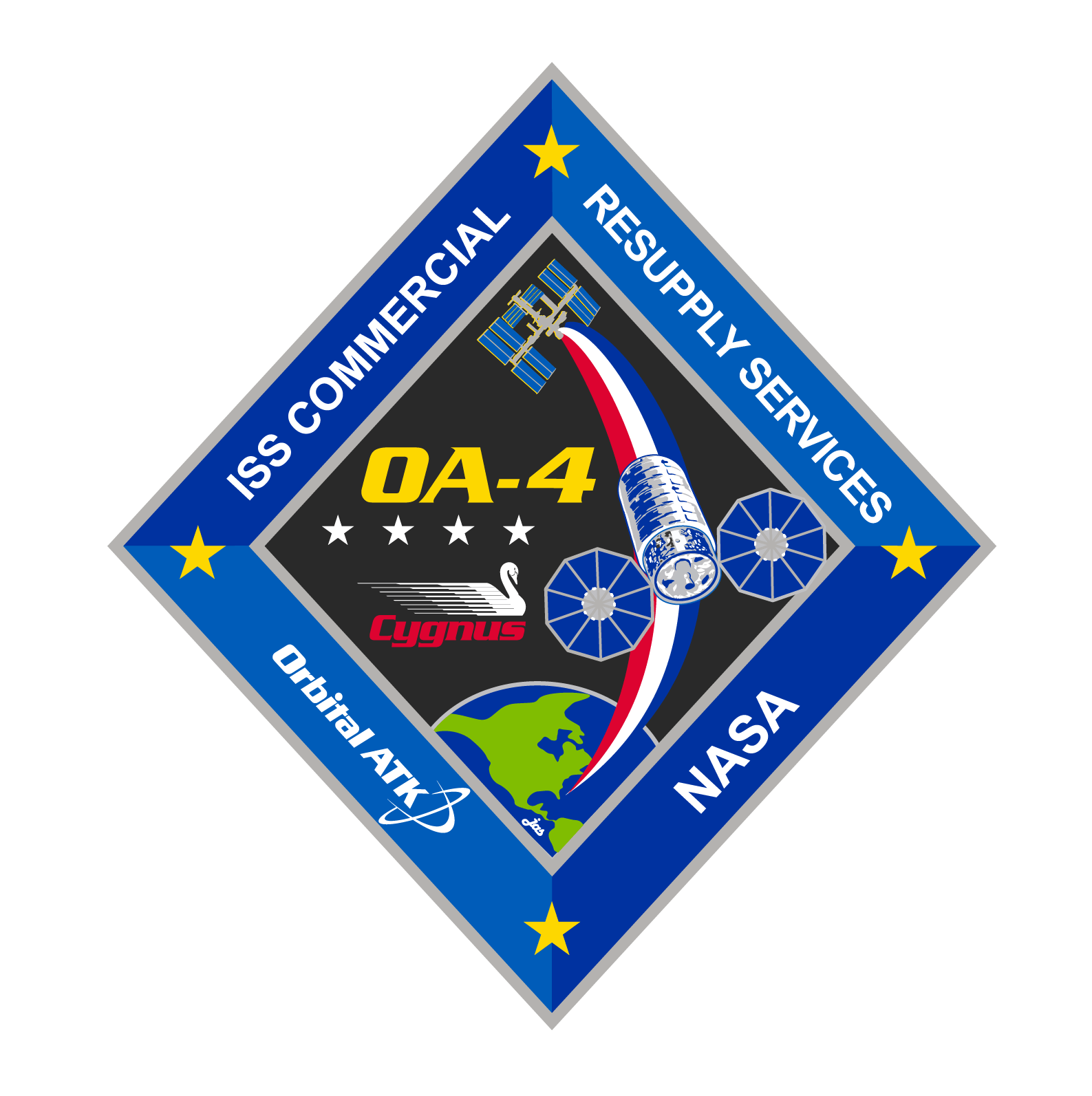 Orbital ATK OA-4 mission patch artwork for resupply flight to the International Space Station. Credit: Orbital ATK 