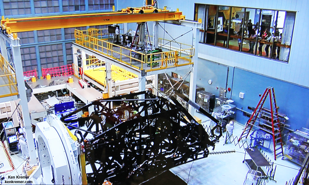 Side view of flight unit mirror backplane assembly structure for NASA's James Webb Space Telescope (JWST) that holds primary mirror array and secondary mirror mount in stowed-for-launch configuration.  JWST is being assembled technicians inside the world’s largest cleanroom at NASA Goddard Space Flight Center, Greenbelt, Md.  Credit: Ken Kremer/kenkremer.com 