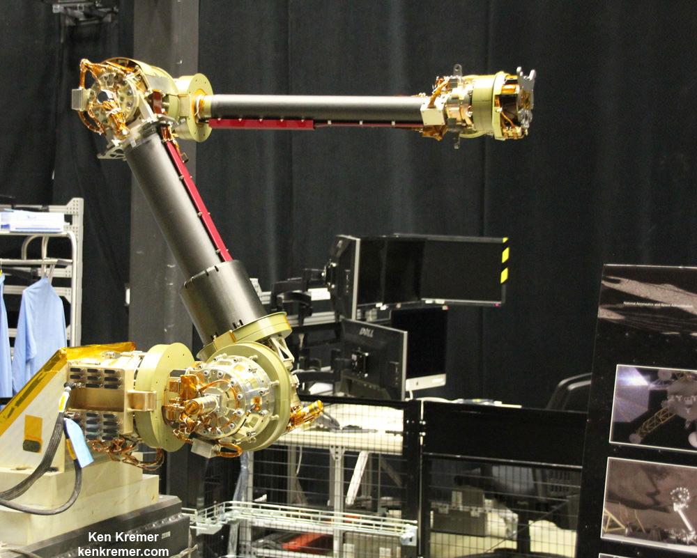 This engineering design unit of the robotic servicing arm is under development to autonomously extract a boulder off an asteroid for NASA’s asteroid retrieval mission and  is being tested at NASA Goddard.   It has seven degrees of freedom and mimics a human arm.   Credit: Ken Kremer/kenkremer.com