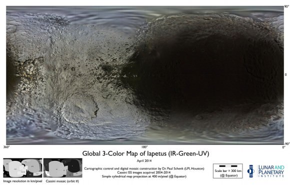 Enhanced-color map (27.6 MB). The leading hemisphere is at the right. NASA/JPL-Caltech/Space Science Institute/Lunar and Planetary Institute 