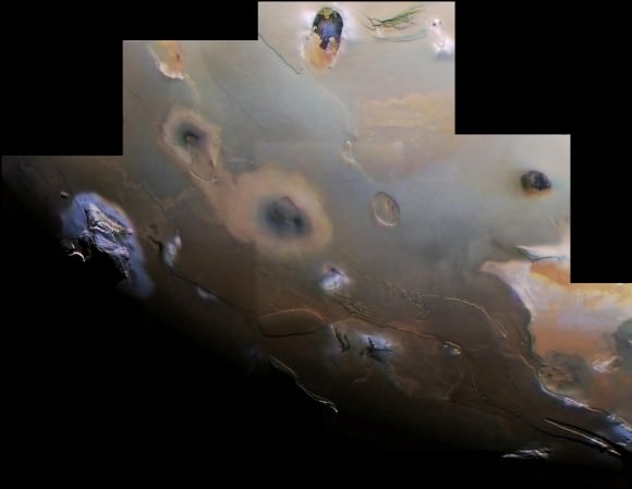 Mosaic of Voyager 1 images covering Io's south polar region. The view includes two of Io's ten highest peaks, the Euboea Montes at upper extreme left and Haemus Mons at bottom. Credit: NASA/JPL/USGS