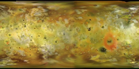 False-color mosaic of the surface of Io, with mountains shown in dark. Credit: USGS Astrogeology Science Center