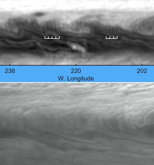 Hubble view of Jupiter's barocyclonic clouds and those recorded earlier by Voyager 2. Credit: 