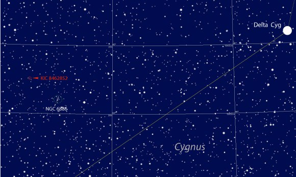 Detailed map showing stars to around magnitude 12 with the Kepler star identified. It's located only a short distance northeast of the open cluster NGC 6886 in Cygnus. North is up. Source: Chris Marriott's SkyMap