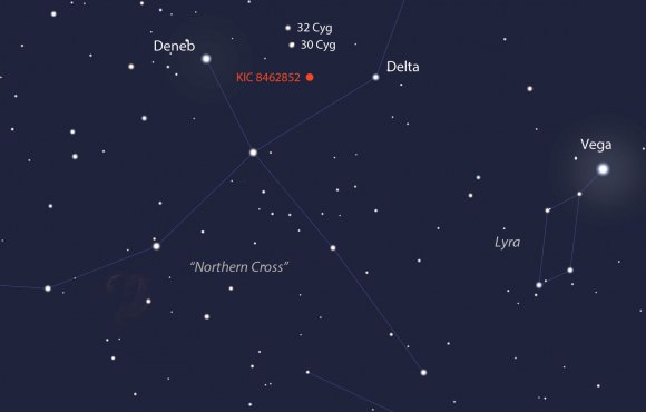 Our featured star shines around 12th magnitude in the constellation Cygnus the Swan (Northern Cross) high in the southern sky at nightfall this month. A 6-inch or larger telescope will easily show it. Use this map to get oriented and the map below to get there. Source: Stellarium