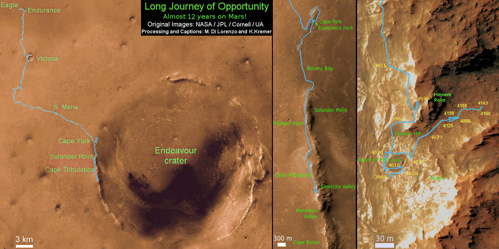 Nearly 12 Year Traverse Map for NASA’s Opportunity rover from 2004 to 2015. This map shows the entire path the rover has driven during almost 12 years and more than a marathon runners distance on Mars for over 4163 Sols, or Martian days, since landing inside Eagle Crater on Jan 24, 2004 - to current location at the western rim of Endeavour Crater and descending into Marathon Valley. Rover surpassed Marathon distance on Sol 3968 and marked 11th Martian anniversary on Sol 3911. Opportunity discovered clay minerals at Esperance – indicative of a habitable zone - and is currently searching for more at Marathon Valley.  Credit: NASA/JPL/Cornell/ASU/Marco Di Lorenzo/Ken Kremer/kenkremer.com