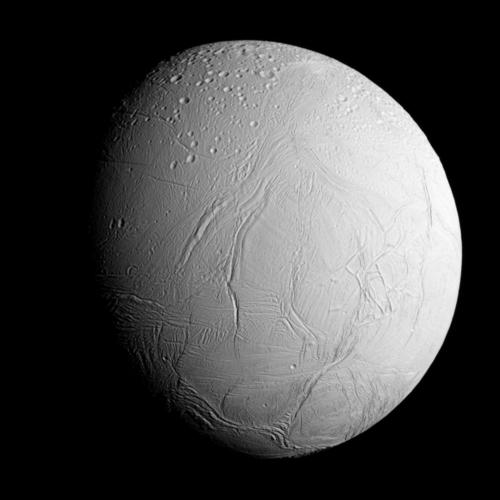 A high-resolution capture of Enceladus released this weekend by the Cassini team. The spacecraft was about 60,000 miles (96,000 kilometers) out when this image was taken. You can see the stark contract of the moon's fractured cantlope terrain, versus craters in the opposite hemisphere imaged criedt: NASA/JPL-CalTech/Space Science Institute 