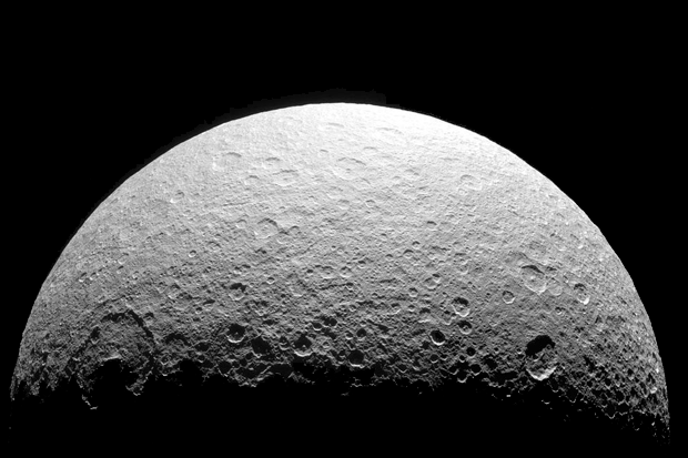 Saturn's moon Rhea, as imaged by the Cassini-Huygens space probe. Credit: NASA/JPL-Caltech