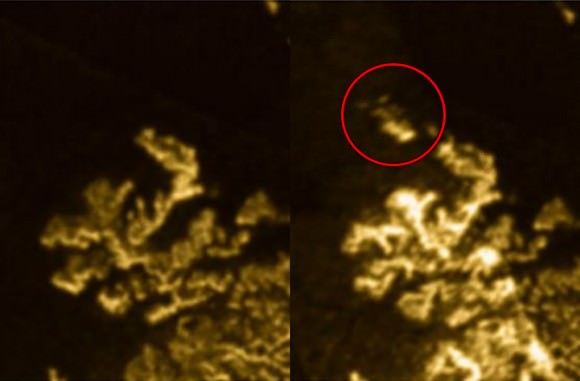  During previous flybys, 'Magic Island' was not visible near Ligeia Mare's coastline (left). Then, during Cassini's July 20, 2013, flyby the feature appeared (right) NASA/JPL-Caltech/ASI/Cornell 