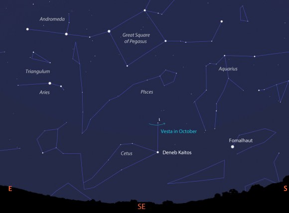 4 Vesta - its formal designation as the fourth asteroid discovered - travels along a short arc just south of the easily-found star Iota Ceti this month. Use this map to help you find Deneb Kaitos, Cetus' brightest star, and from their to Iota Ceti and Vesta. Source: Stellarium