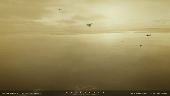 Artist's impression of future colonists flying over Ligeia Mare on Titan. Credit: Erik Wernquist/erikwernquist.com