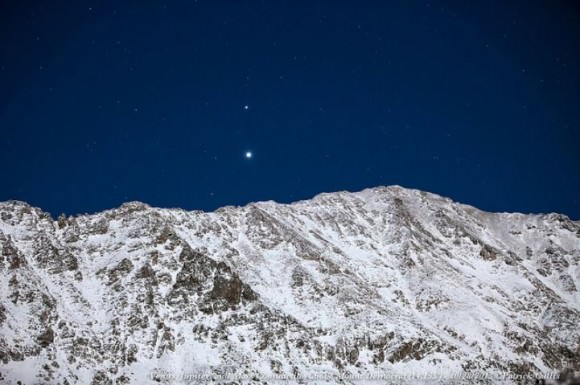 Jupiter, Venus, and Mars rise behind the 14,155 foot peak of Mount Democrat in Colorado. Credit and copyright: Patrick Cullis. 