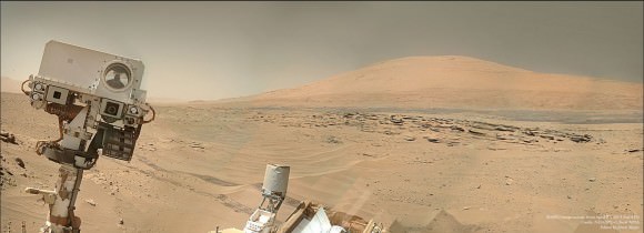 A mosaic of images from NASA's Curiosity rover shows what appears to be a "selfie" with a Martian mountain (Aeolis Mons)in the background. Credit: NASA/JPL-Caltech /MSS/ Image editing by Jason Major. 