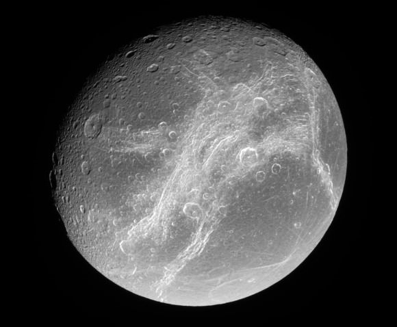Dione's trailing hemisphere, showing the patches of "whispy terrain". Credit: NASA/JPL
