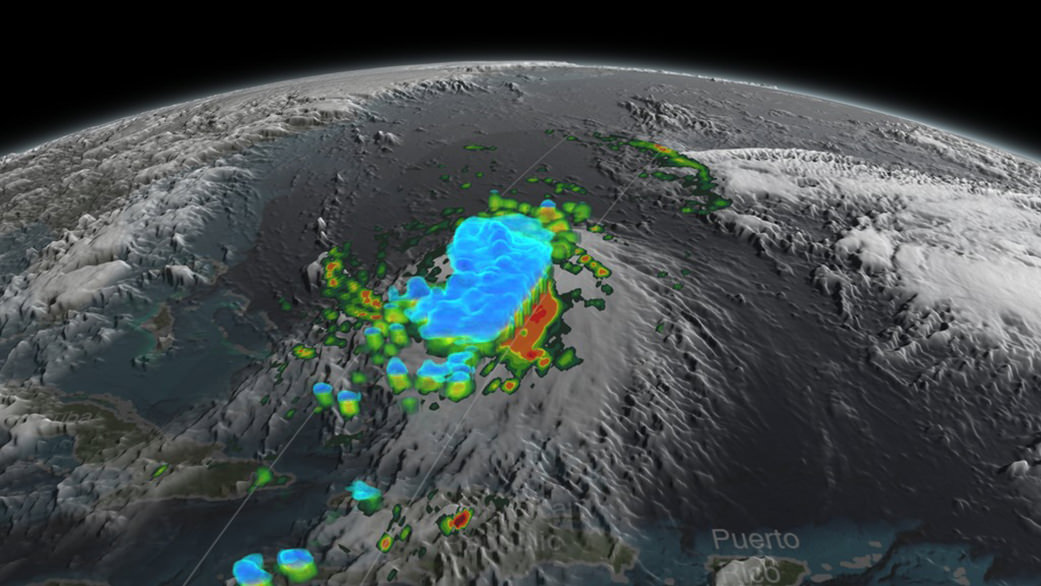 NASA/JAXA's GPM satellite provided a 3-D side view of Tropical Storm Joaquin on Sept. 29 showing the internal precipitation structure. The areas in blue are frozen precipitation. Areas in green and red are liquid precipitation.  Credits: Scientific Visualization Studio, NASA’s Goddard Space Flight Center