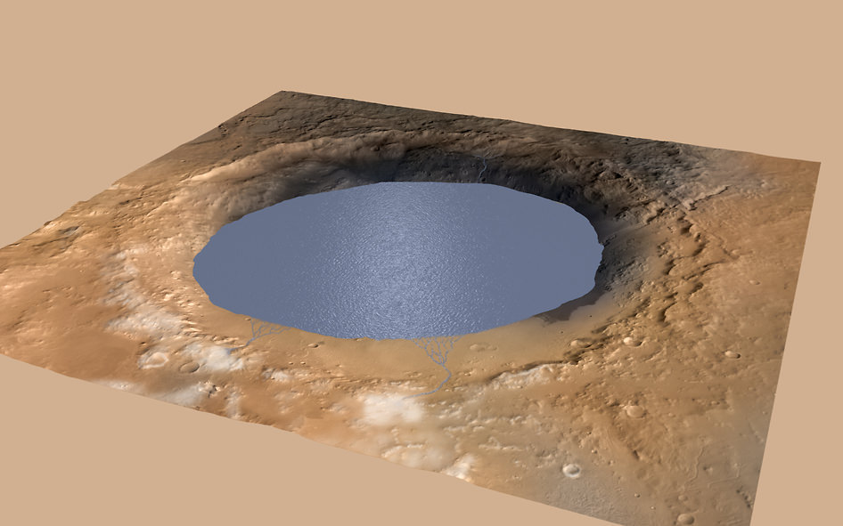 Simulated view of Gale Crater Lake on Mars. This illustration depicts a lake of water partially filling Mars’ Gale Crater, receiving runoff from snow melting on the crater’s northern rim. Credit: NASA/JPL-Caltech/ESA/DLR/FU Berlin/MSSS