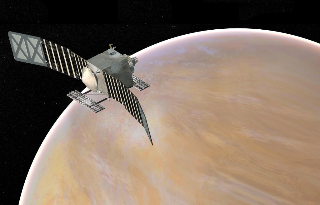 Artist's concept of the VERITAS (Venus Emissivity, Radio Science, InSAR, Topography, and Spectroscopy) spacecraft. VERITAS is scheduled to launch in 2031. Image Credit: NASA/JPL-Caltech