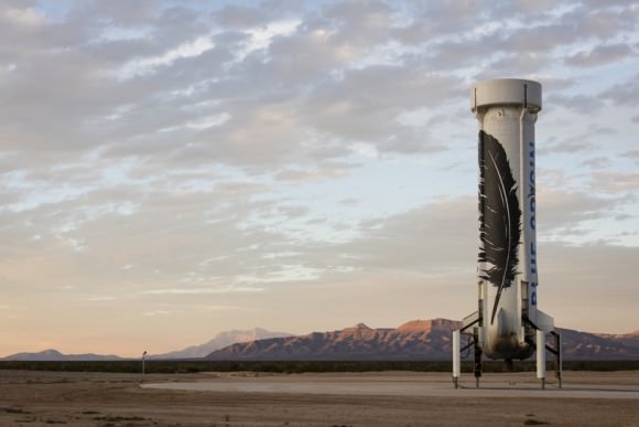 Blue Origin's New Shepard reusable rocket standing upright after returning from an altitude of 329,839 feet (100.5 kilometers). Credit: Blue Origin. 