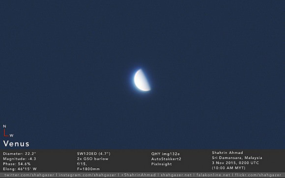 Venus from the morning of November 3rd. Image credit and copyright: Shahrin Ahmad