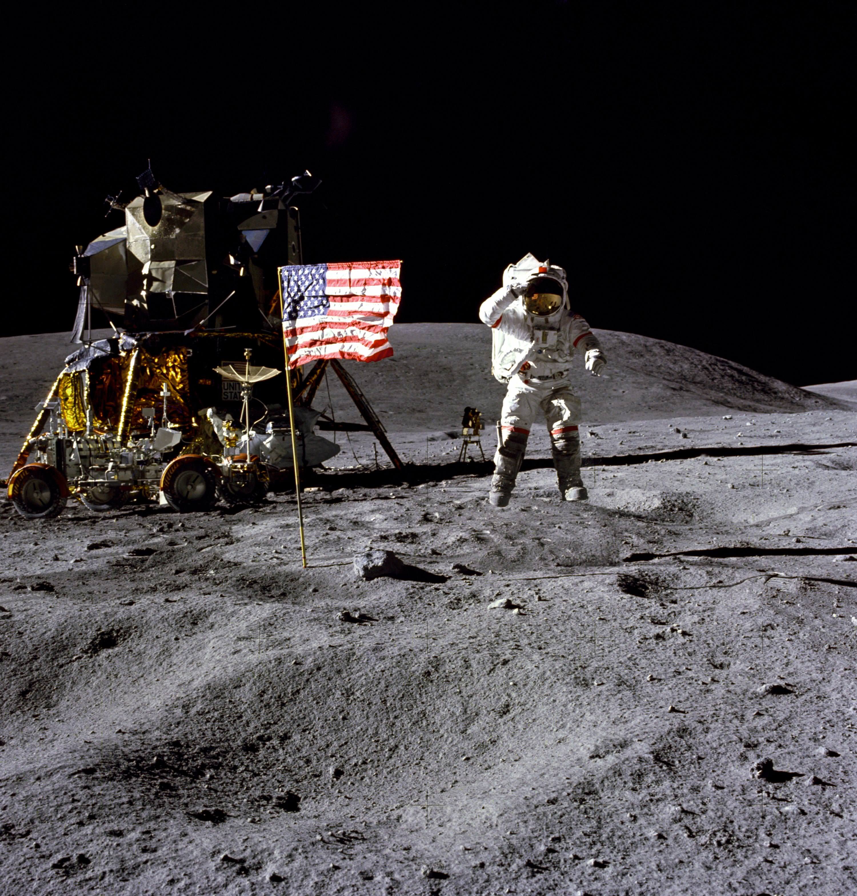 John Young, astronaut and Navy veteran, salutes the U.S. flag at the Descartes landing site during the first Apollo 16 extravehicular activity on April 22, 1972. Credit: NASA, Charles M. Duke Jr.