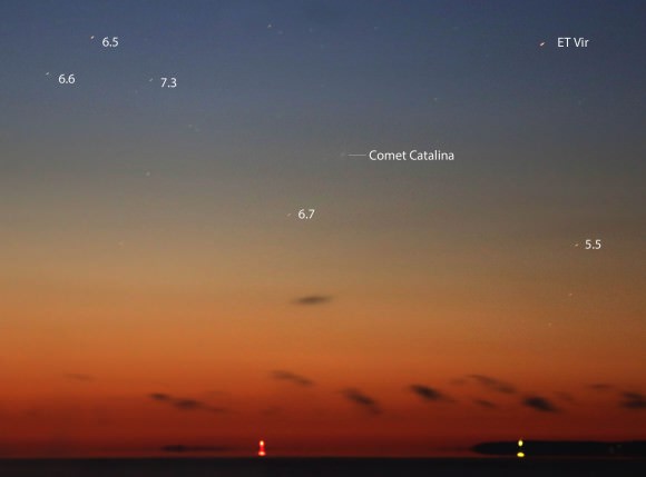 Comet Catalina was about 3 high over Lake Superior near Duluth, Minn. IU.S.) at 5:55 a.m. this morning. Stars are labeled with their magnitudes. Details: 200mm lens, f/2.8, ISO 1250, 3-seconds. 