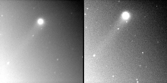 Two views of Comet C/2013 US10 Catalina made around 6:23 a.m. EST (11:23 Universal Time) on Nov. 21st. The left photo is a 30-second exposure with dawn light approaching fast. Exposure at right was 10 seconds. 